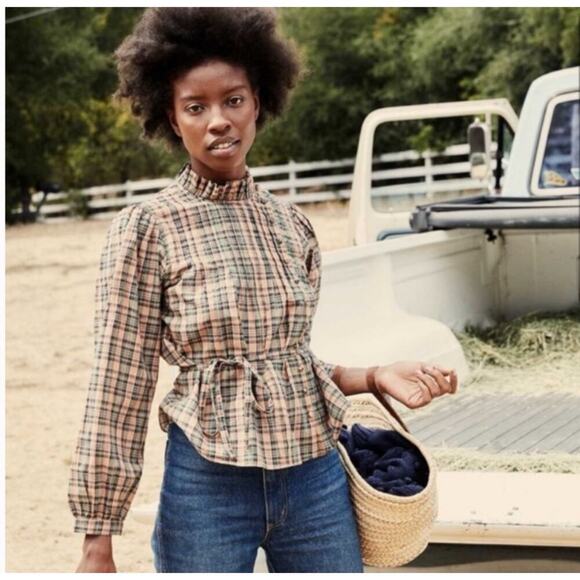 Doen Palmera Top Long Sleeve in Promenade Plaid Cotton Size Small - Picture 5 of 12